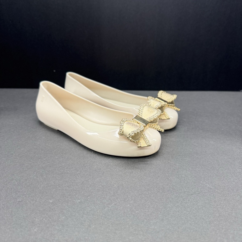 Mini Melissa Girls Mary Jane Jelly Shoes Cream Beige Glitter Bow Size 3
